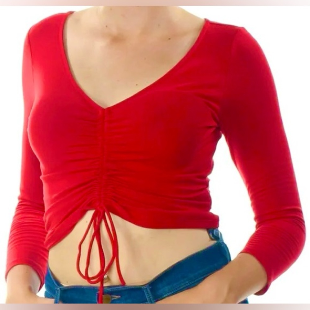 Cherry Red Front Tie Top Adjustable Ruched Long sleeve SO Goods for Life Medium
